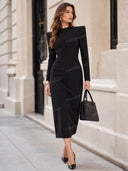 Structured Shoulder High Neck Midi Dress