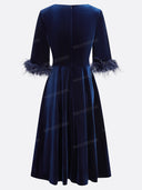 Elegant Velvet Feather Cuff Midi Dress