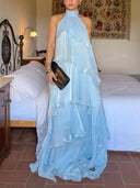 Elegant Halter Neck Layered Ruffle Maxi Dress