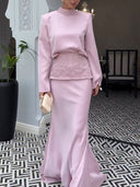 Elegant Satin Top & Embroidered Waistband Skirt Two-Piece Set
