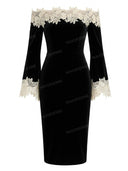 Elegant Lace Trim Off Shoulder Velvet Midi Dress