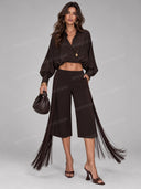Elegant Cropped Top & Fringe Capri Pants Two-Piece Set