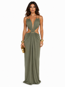 Sexy Metal Chain Cut-Out Backless Lace-Up Draped Maxi Dress