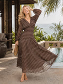 Elegant Retro Bohemian Style V-neck Mesh Print Maxi Dress