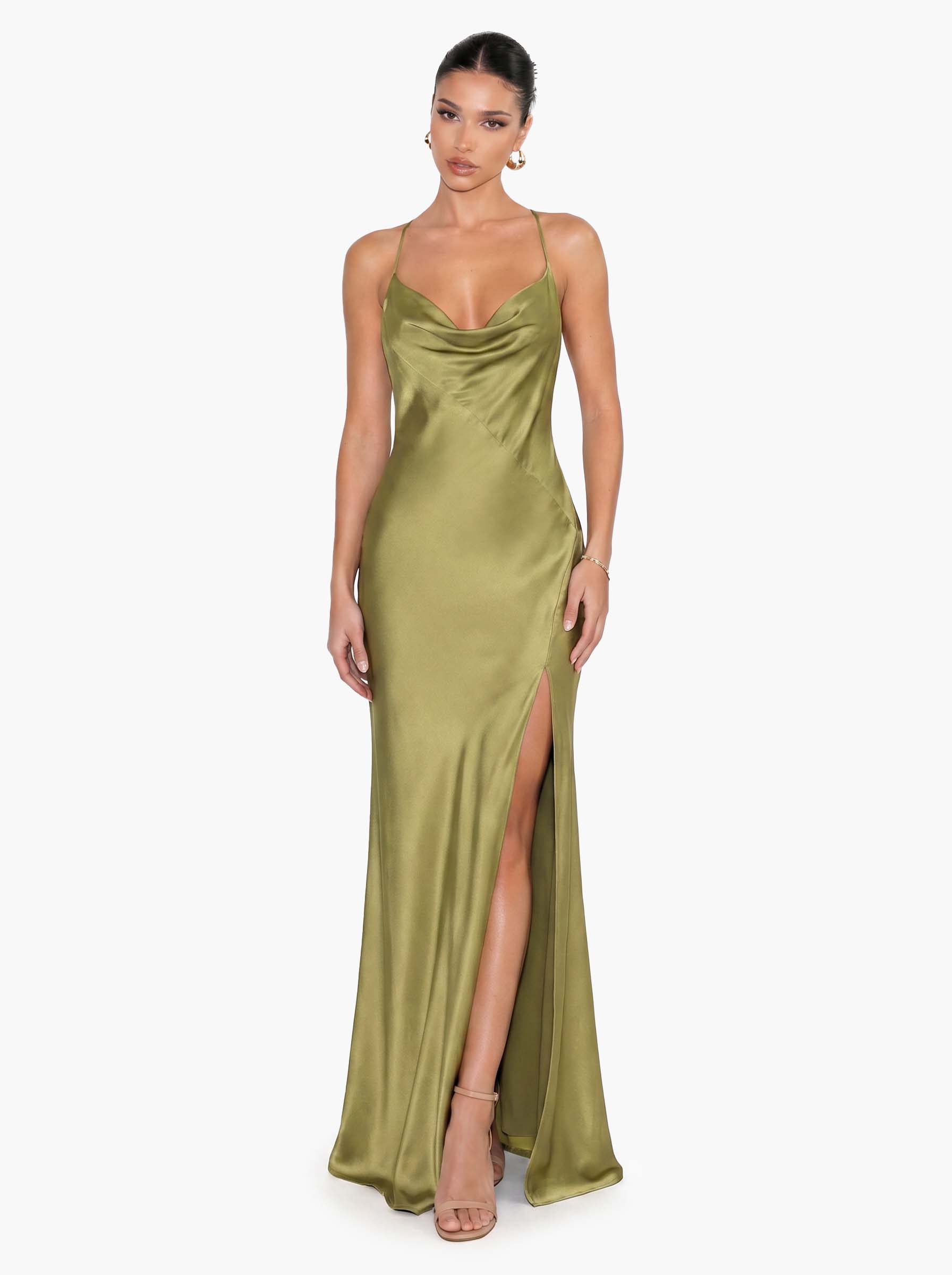 Elegant Green Draped Neckline Maxi Dress