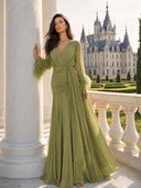 Elegant V-Neck Feather Cuff Flowing Chiffon Maxi Dress