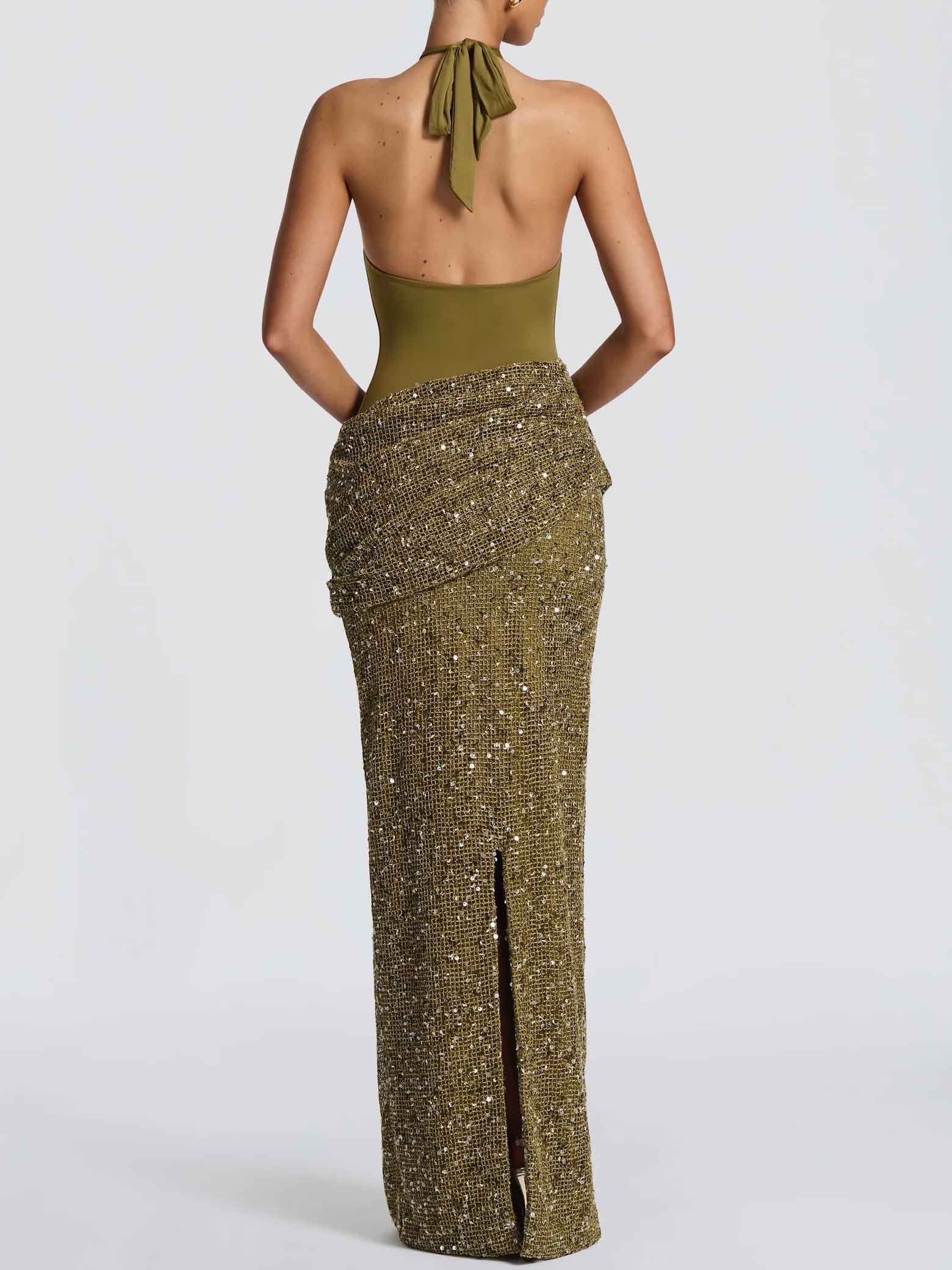 Elegant Cross Halter Cutout Sequined Maxi Dress