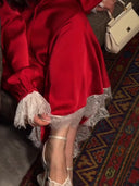Elegant Puff Sleeve Satin Top & Lace Trim Maxi Skirt Two-Piece Set