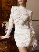 Elegant High Neck Lace Ruched Mini Dress