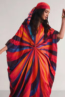 Elegant Waist‑Knot Rainbow Stripe Kaftan Maxi Dress