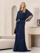 Elegant Blue Chiffon Cape Top & Wide-Leg Pants Two-Piece Set