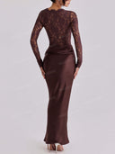 Elegant Lace Long Sleeve Ruched Waist Maxi Dress