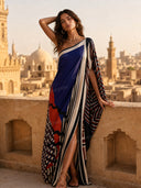Elegant One-Shoulder Abstract Print Draped Maxi Dress