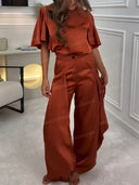 Elegant Satin Flutter Sleeve Top & Wide Leg Pants Two Piece Set
