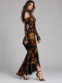 Elegant Floral Velvet Off Shoulder Maxi Dress