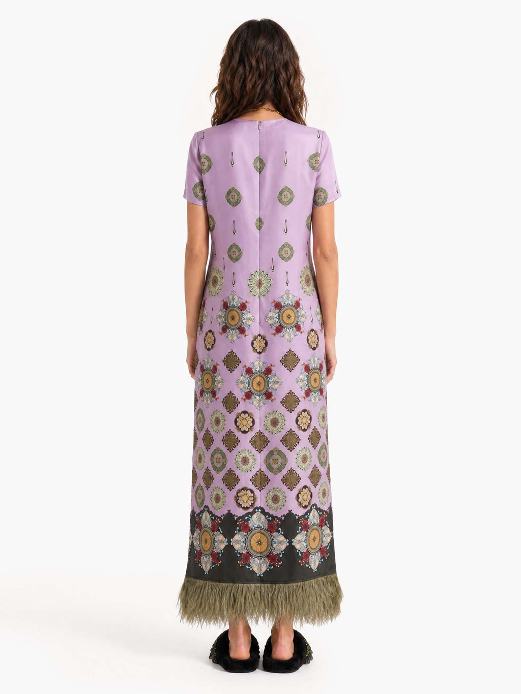 Boho Baroque Print Feather Trim Maxi Dress