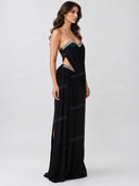 Elegant Rhinestone Trim Strapless Cutout Maxi Dress