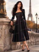 Elegant Piping Square-Neck Belted Midi Dress