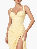 Ruched Spaghetti Strap Slit Maxi Dress