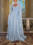 Chiffon Feather‑Trim Cape Evening Maxi Dress