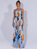 Elegant Floral Print Strapless Pleated Maxi Dress
