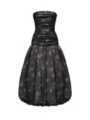 Elegan Strapless Floral Ruched Drop Waist Maxi Dress