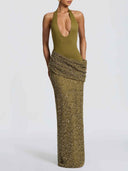 Elegant Cross Halter Cutout Sequined Maxi Dress