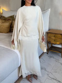 Elegant Batwing Sleeve Lace-Trim Top & Mermaid Skirt Set