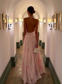 Rhinestone Halter Neck Tiered Pleated Shiny Maxi Dress