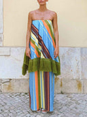 Colorful Striped Fringe Strapless Maxi Dress