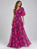 Butterfly Print One Shoulder Ruffle Maxi Dress