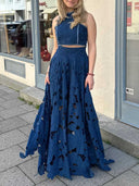 Elegant Floral Lace Cutout Crop Top & Skirt Two-Piece Set