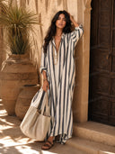 Deep V-Neck Stripe Printed Shirt Dress