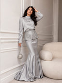 Elegant Satin Mock Neck Top & Mermaid Maxi Skirt Two-Piece Set