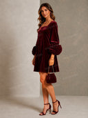 Elegant Velvet Square Neck Floral Cuff Mini Dress