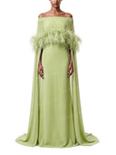 Elegant Feather Trim Off Shoulder Cape Maxi Dress