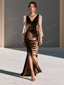 Velvet Contrast Sleeve Ruched High-Slit Maxi Dress