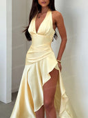Elegant V-Neck Ruffle High-Low Maxi Dress