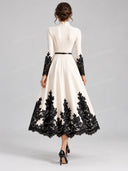 Elegant Contrast Lace Applique Mock Neck Midi Dress