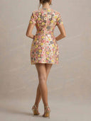 Elegant Floral Sequin Short Sleeve Mini Dress