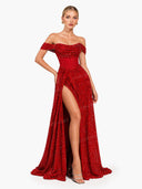 Glamorous Off-Shoulder Sequin Slit Maxi Dress