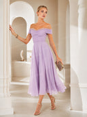 Elegant Peplum Pleated Chiffon Off The Shoulder Sleeveless A-Line Midi Dress