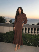 Elegant Ruffle Top & Ruched Mermaid Maxi Skirt Two-Piece Set