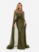 Elegant Feather Trim Chiffon Shawl Black Satin Maxi Dress