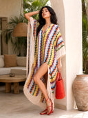 Exquisite Multicolor Chevron Fringe Kaftan Maxi Dress