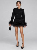 Elegant Feather Trim Cropped Jacket & Mini Skirt Set