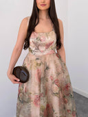 Elegant Floral Jacquard Square Neck Ball Gown Maxi Dress