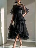Elegant Emerald Green Sheer Ruffle Midi Dress