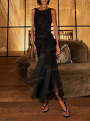 Elegant Ruched Waist Fringe Trim Maxi Dress