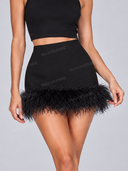 Elegant Feather Trim Cropped Jacket & Mini Skirt Set